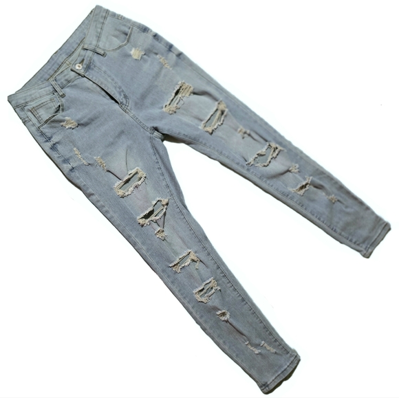 ⚫️ High Waisted Ripped Hole Distressed Light Wash Denim Skinny Jeans Medium 6 - Picture 2 of 8